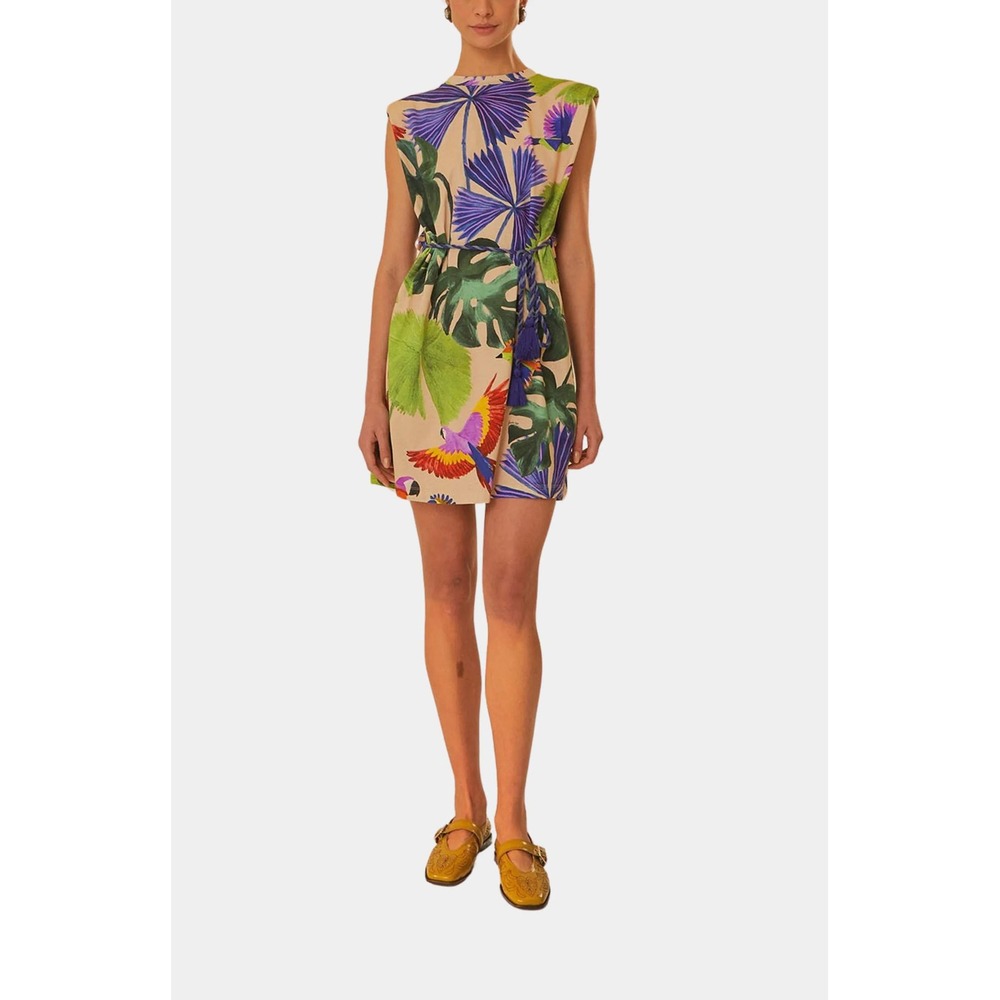 Farm Rio Macaw Jungle Sand Mini T-Shirt Dress size Small Tropical Vacation